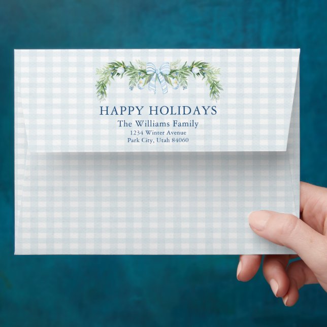 Whimsical Grandmillenial Gingham Blue Bow Garland  Envelope (Hand)