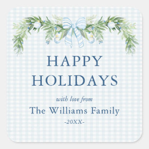 Whimsical Grandmillenial Gingham Blue Bow Garland  Square Sticker