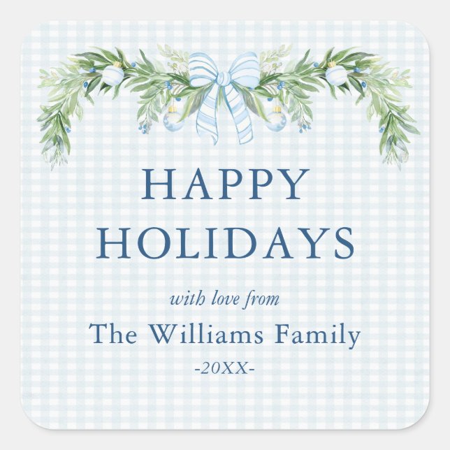 Whimsical Grandmillenial Gingham Blue Bow Garland  Square Sticker (Front)