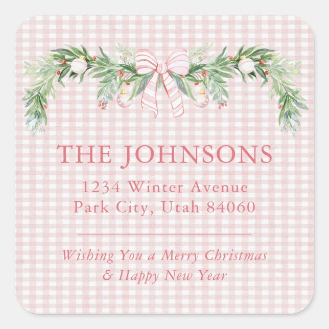 Whimsical Grandmillenial Gingham Pink Bow Garland Square Sticker (Front)