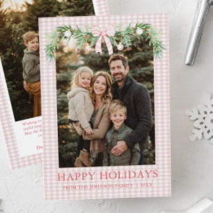 Whimsical Grandmillenial Pink Bow Family Photo Holiday Card