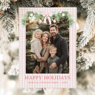 Whimsical Grandmillenial Pink Bow Family Photo Holiday Card