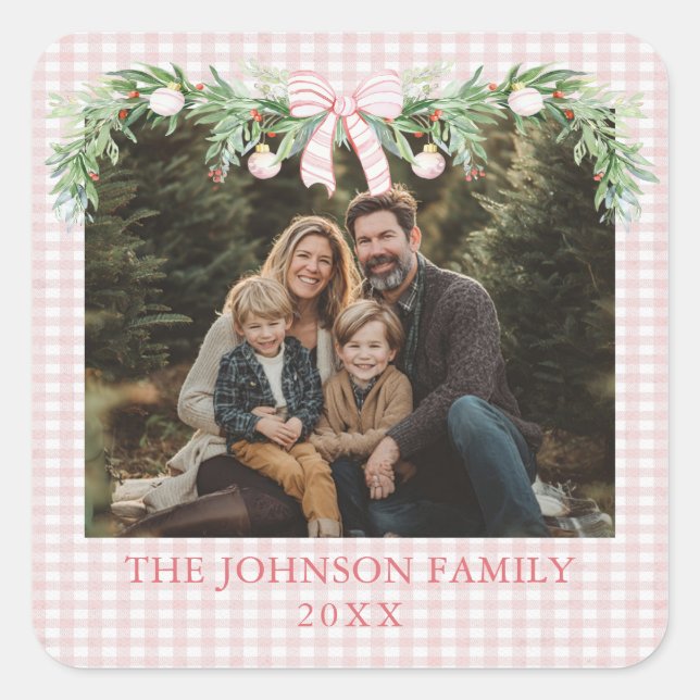 Whimsical Grandmillenial Pink Bow Family Photo Square Sticker (Front)