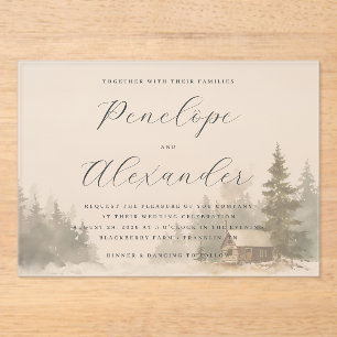 Whimsical Gray Watercolor Winter Cabin Acrylic Invitations