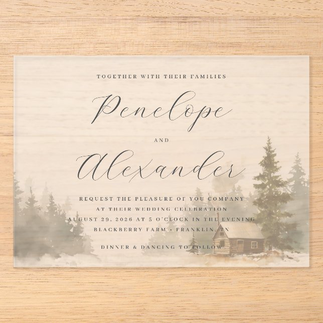 Whimsical Gray Watercolor Winter Cabin Acrylic Invitations (Front)