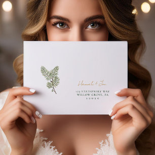 Whimsical Green and Gold Pine Cone Wedding Envelope