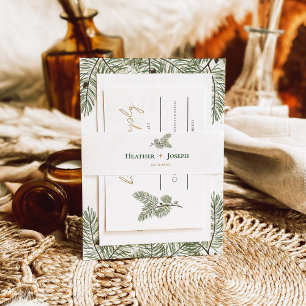 Whimsical Green and Gold Pine Cone Wedding Invitation Belly Band