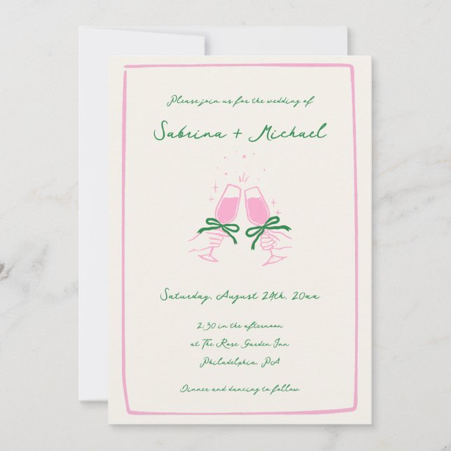 Whimsical Green and Pink Hand Drawn Glass Wedding Invitation (Front)