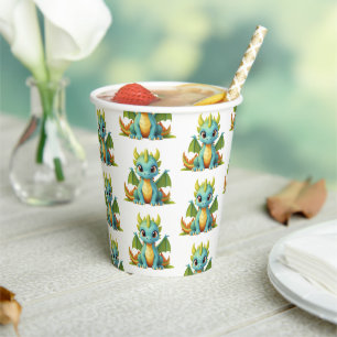 Whimsical Green Blue Baby Dragon Fantasy Party Paper Cups