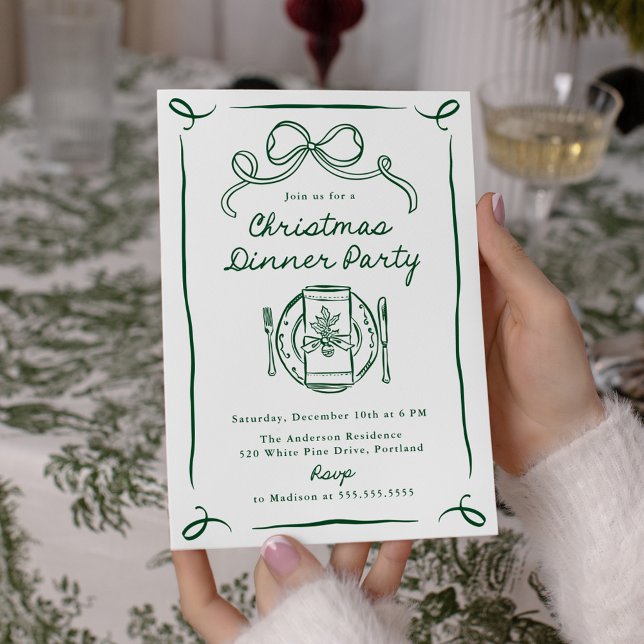 Whimsical Green Bow Christmas Dinner Party Invitation (Creator Uploaded)