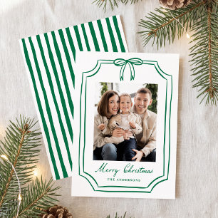 Whimsical Green Bow Frame Christmas Photo Holiday Card