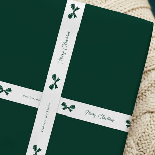 Whimsical Green Bows Merry Christmas Custom Name Satin Ribbon