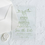Whimsical Green Champagne Tower Save the Date Acrylic Invitations<br><div class="desc">Announce your special day in style with the Whimsical Champagne Tower Save the Date. This exquisite card features a chic green line art illustration of stacked champagne glasses, with champagne gracefully trickling down, set against an acrylic background. "Save the Date" is elegantly displayed in a green handwritten script, adding a...</div>