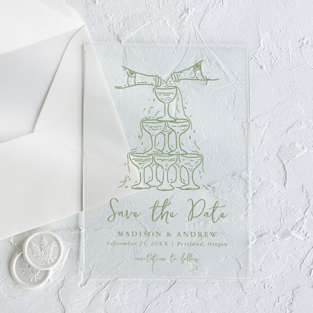 Whimsical Green Champagne Tower Save the Date Acrylic Invitations (Creator Uploaded)