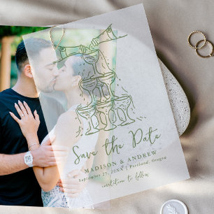 Whimsical Green Champagne Tower Save the Date Vellum Invitations