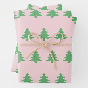 Whimsical Green Christmas Trees on Pale Pink Wrapping Paper Sheet