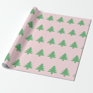 Whimsical Green Christmas Trees on Pink Christmas Wrapping Paper