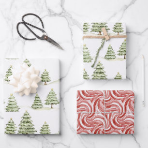 Whimsical Green Christmas Trees Red Peppermint Wrapping Paper Sheet