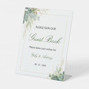 Whimsical Green Eucalyptus Wedding Guest Book Pedestal Sign