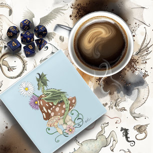Whimsical Green Fantasy Dragon Mushroom Flowers Glass Coaster