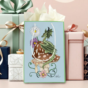 Whimsical Green Fantasy Dragon Mushroom Flowers Medium Gift Bag
