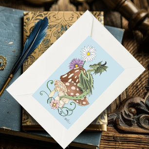 Whimsical Green Fantasy Dragon Mushroom Flowers Rectangular Sticker