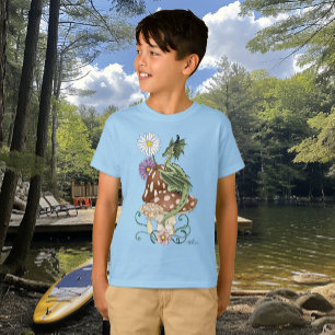 Whimsical Green Fantasy Dragon Mushroom Flowers T-Shirt