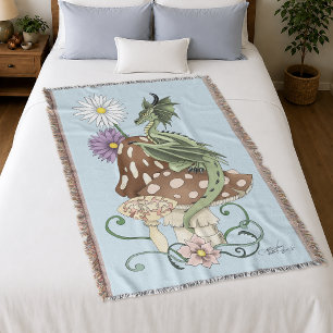 Whimsical Green Fantasy Dragon Mushroom Flowers Throw Blanket