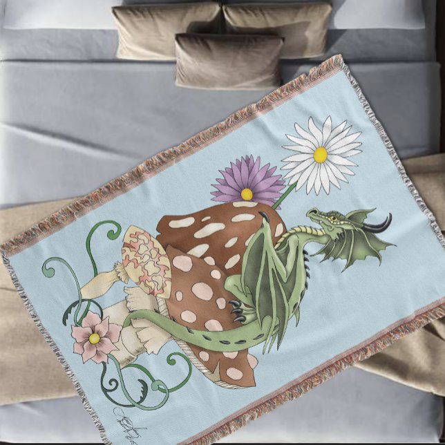 Whimsical Green Fantasy Dragon Mushroom Flowers Throw Blanket (Creator Uploaded)