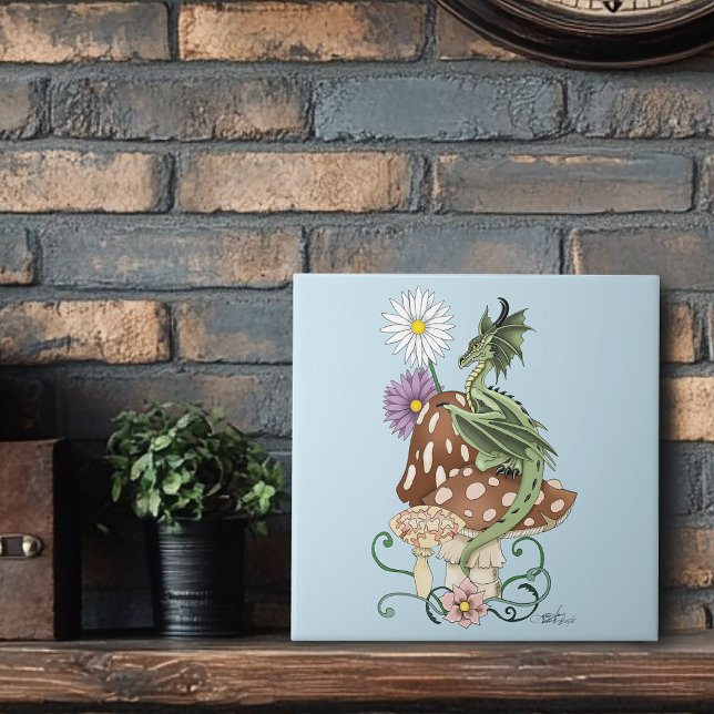 Whimsical Green Fantasy Dragon Mushroom Flowers Tile (Creator Uploaded)