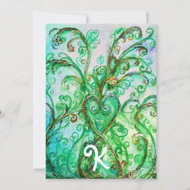 WHIMSICAL GREEN FLOURISHES HEART FLORAL MONOGRAM INVITATION (Front)