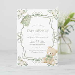 Whimsical Green Frame Vintage Bear Invitation