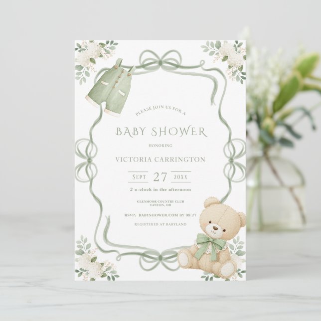 Whimsical Green Frame Vintage Bear  Invitation (Standing Front)