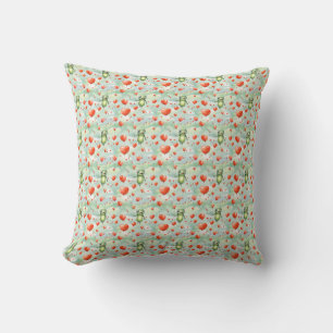 Whimsical green frogs red balloons cushion