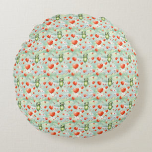 Whimsical green frogs red balloons round cushion
