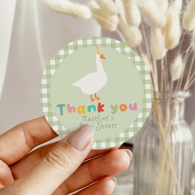 Whimsical Green Gingham Silly Goose Baby Shower Classic Round Sticker (Creator Uploaded)