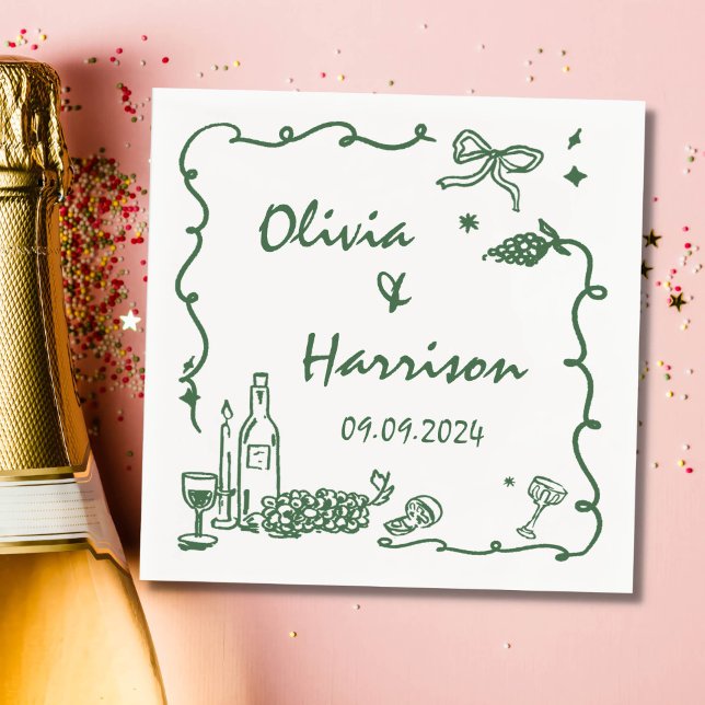 Whimsical Green Hand Drawn Wedding Napkin (Creator Uploaded)