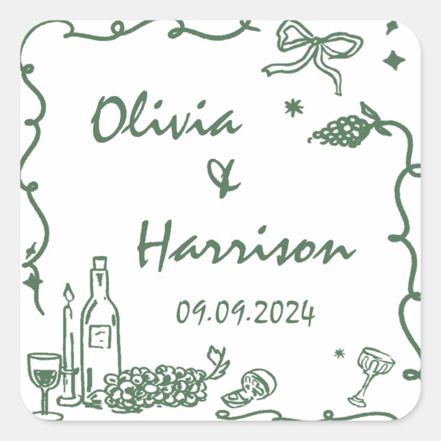 Whimsical Green Hand Drawn Wedding Square Sticker (Front)