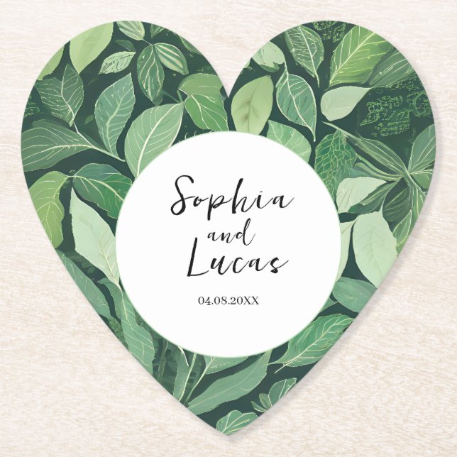 Whimsical Green Leaves Wedding Paper Coaster (Front)