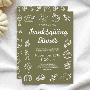 Whimsical Green Modern Doodle Thanksgiving Dinner Invitation