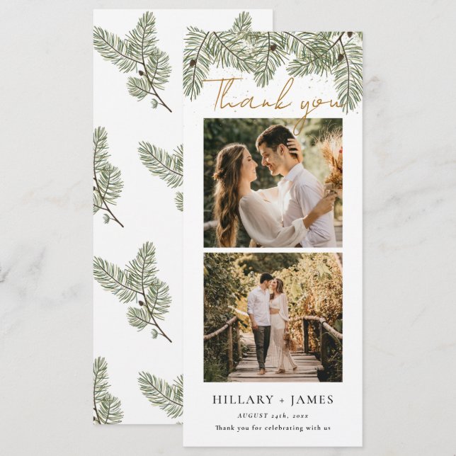 Whimsical Green Pine Photo Strip Thank you Card (Front/Back)