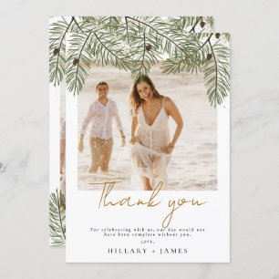 Whimsical Green Pine Photo Wedding Thank you card