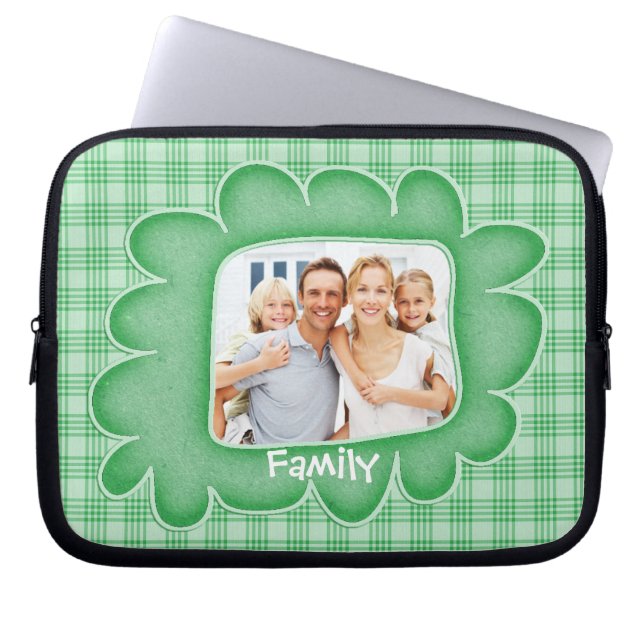 Whimsical Green Plaid Family Photo Laptop Sleeve (Front)