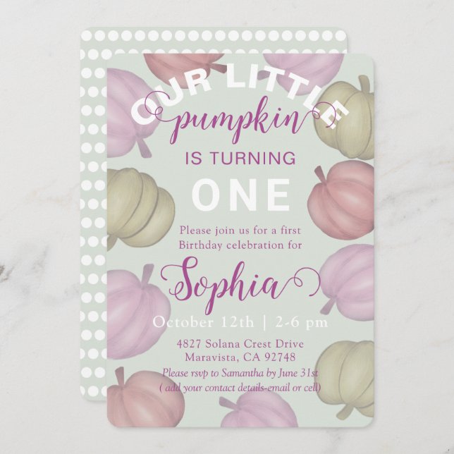 Whimsical Green Pumpkins & Photo Birthday Invitation (Front/Back)