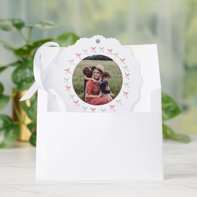 Whimsical Green & Red Hand Drawn Bows Frame Photo Tree Decoration Card (Envelope)