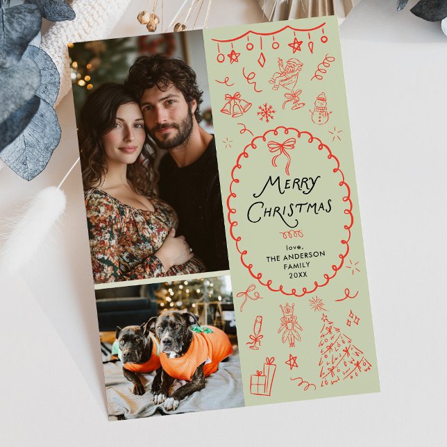 Whimsical Green Red Hand Drawn Icons 2 Photo Holiday Card (Creator Uploaded)