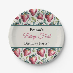 Whimsical Green Strawberry Birthday Name Paper Plate