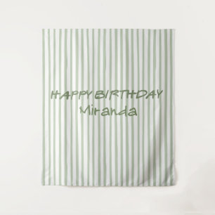 Whimsical Green Striped Happy Birthday Backdrop Tapestry