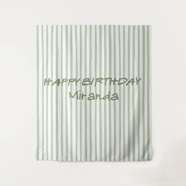 Whimsical Green Striped Happy Birthday Backdrop Tapestry (Front)