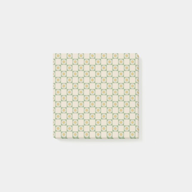 Whimsical Green Sunflower Chequered Retro Botanica Post-it Notes (Front)